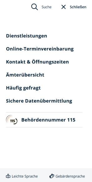 geöffnetes Menü mit den Bereichen der Seite